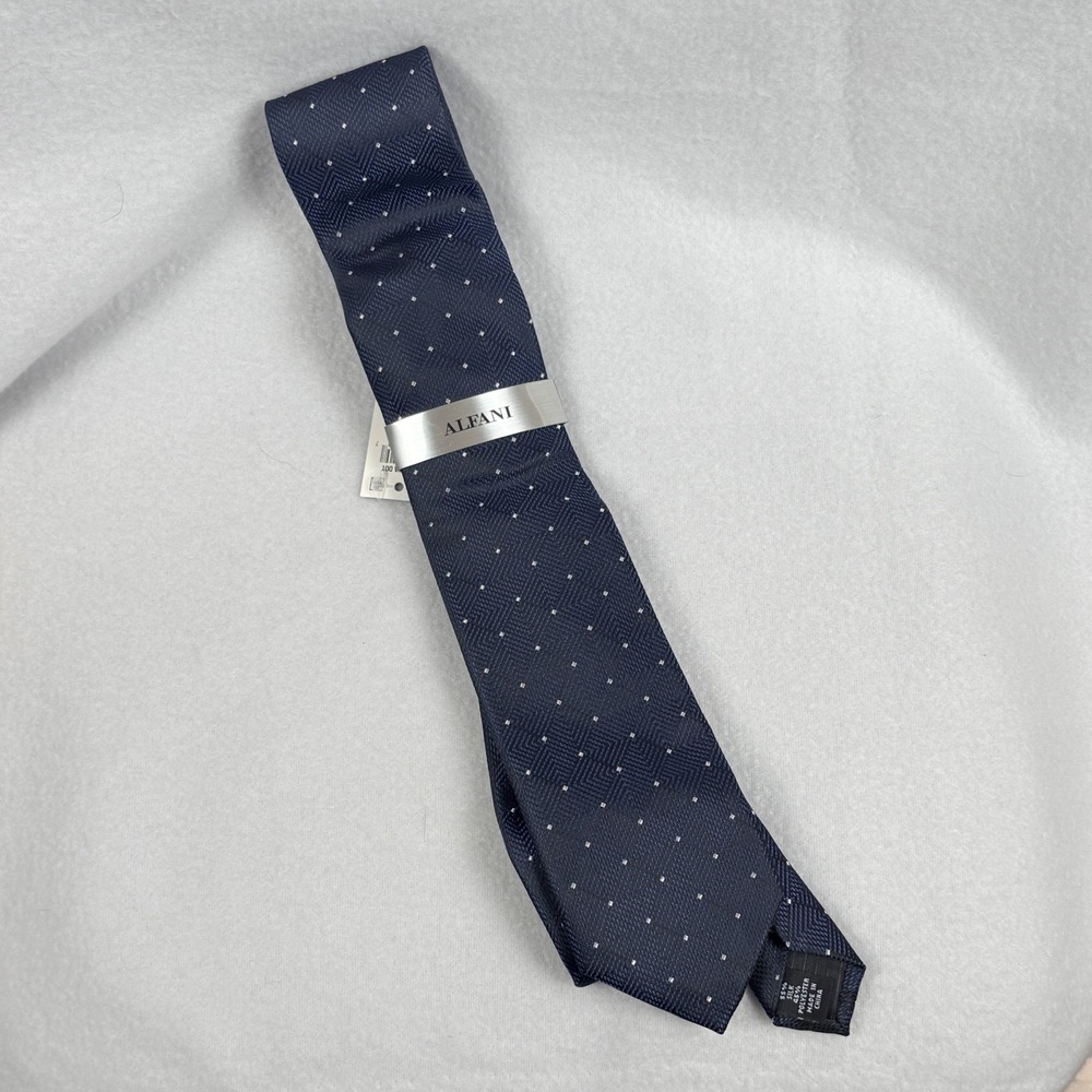 NEW Alfani Mens Neck Tie Navy Chevron Pomona Micro Dot Silk Blend Corporate